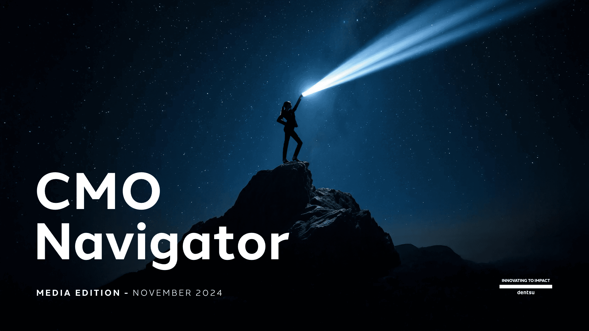 man standing on a mountain shining a laser light beam with title "CMO Navigator"