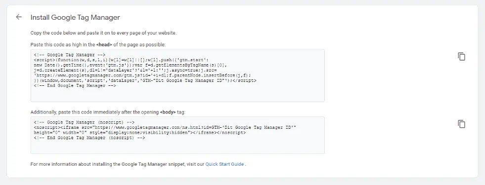 Google Tag Manager installation code in website head and body sections