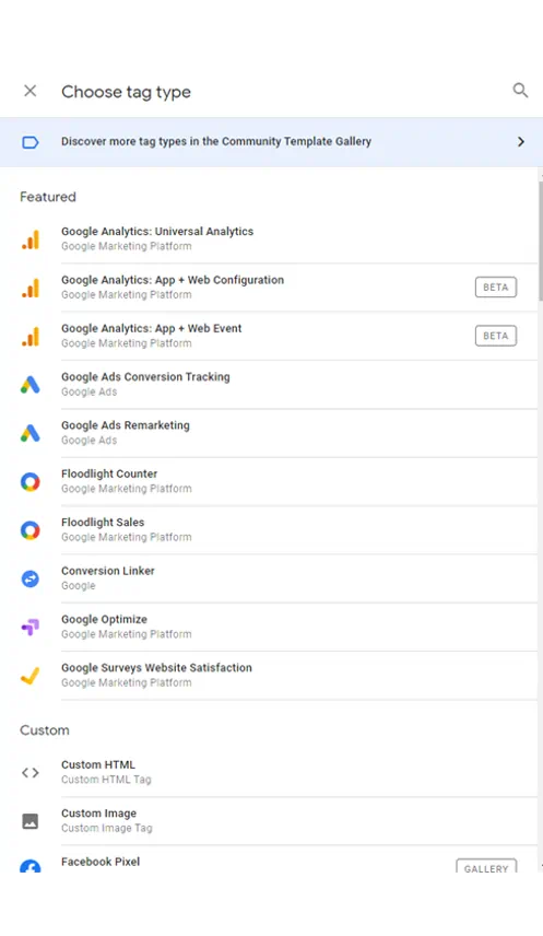Google Tag Manager interface showing available tag types