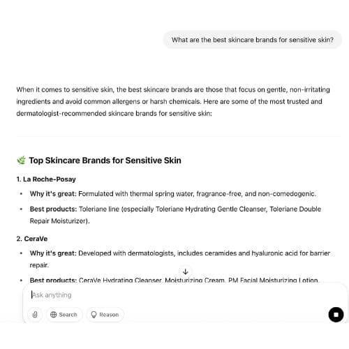 Example of AI overview for best skincare brands for sensitive skin