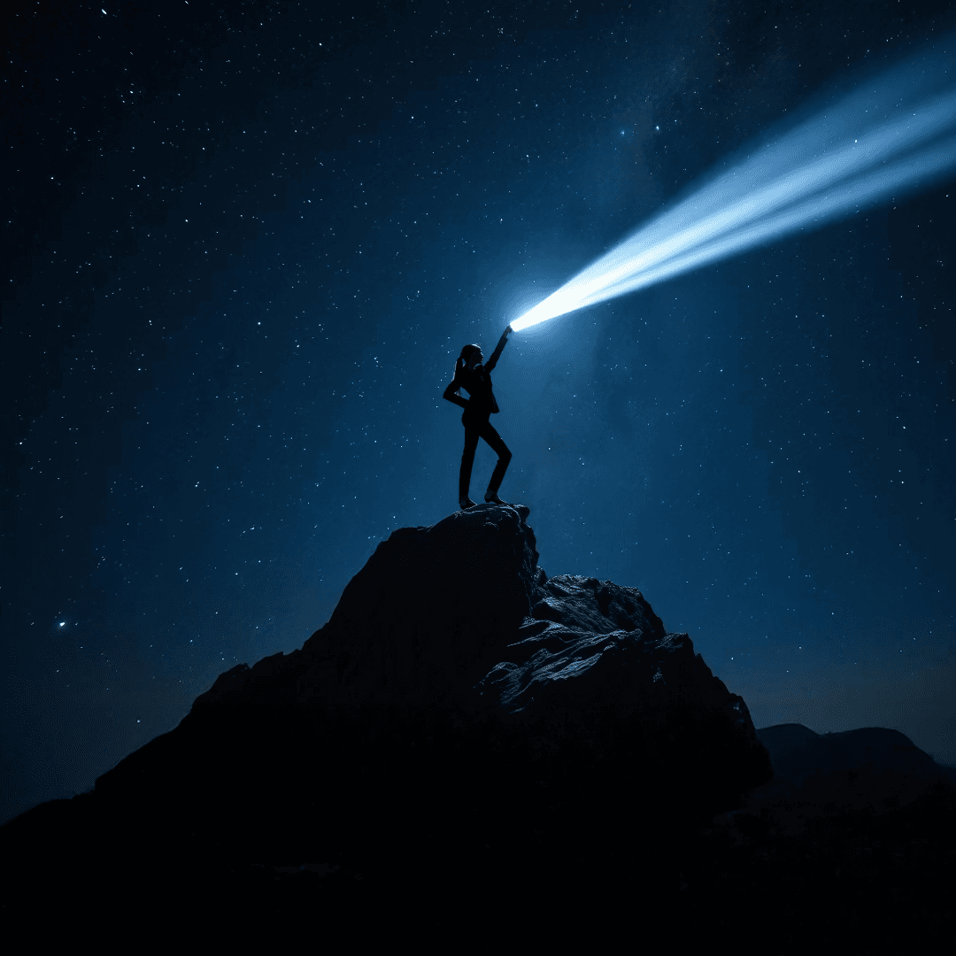 a man standing on a mountain shining a laser