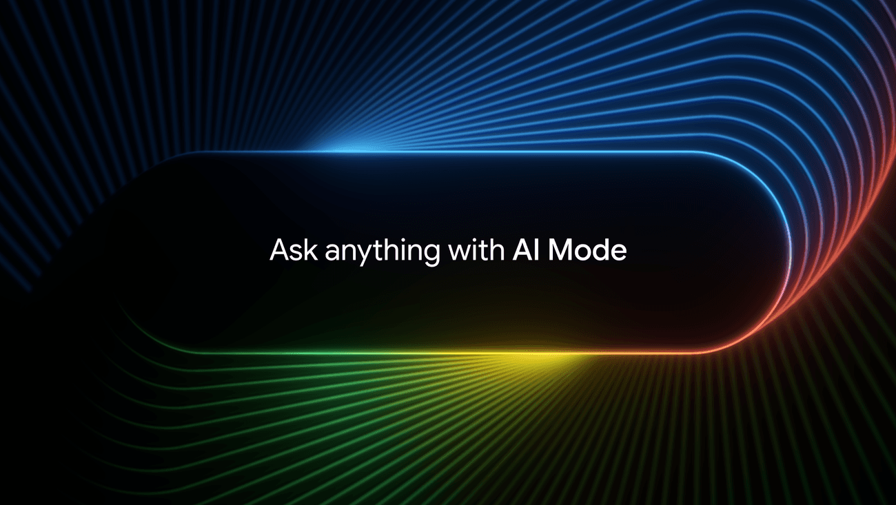Google AI Mode promotional graphic showing 'Ask anything with AI Mode' on a dark gradient background