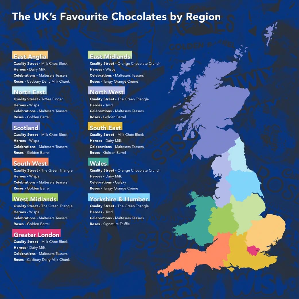 Map showing the UK’s favourite chocolates by region