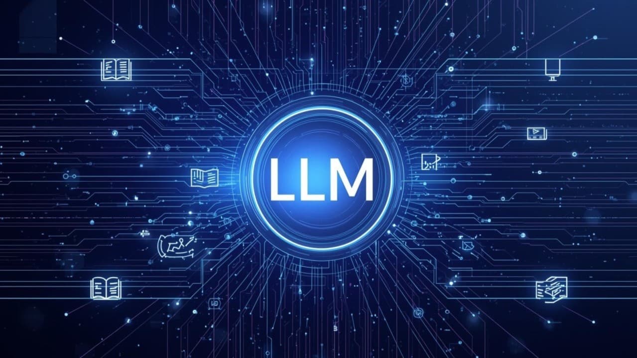 image of a digital network with LLM text in centre